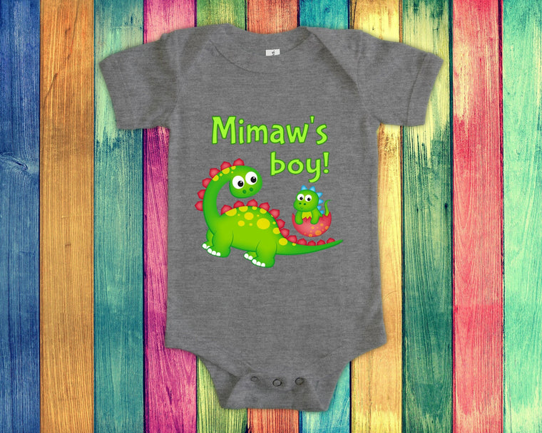 Mimaw's Boy Cute Grandma Name Dinosaur Baby Bodysuit, Tshirt or Toddler Shirt for a Special Grandmother Gift or Pregnancy Announcement