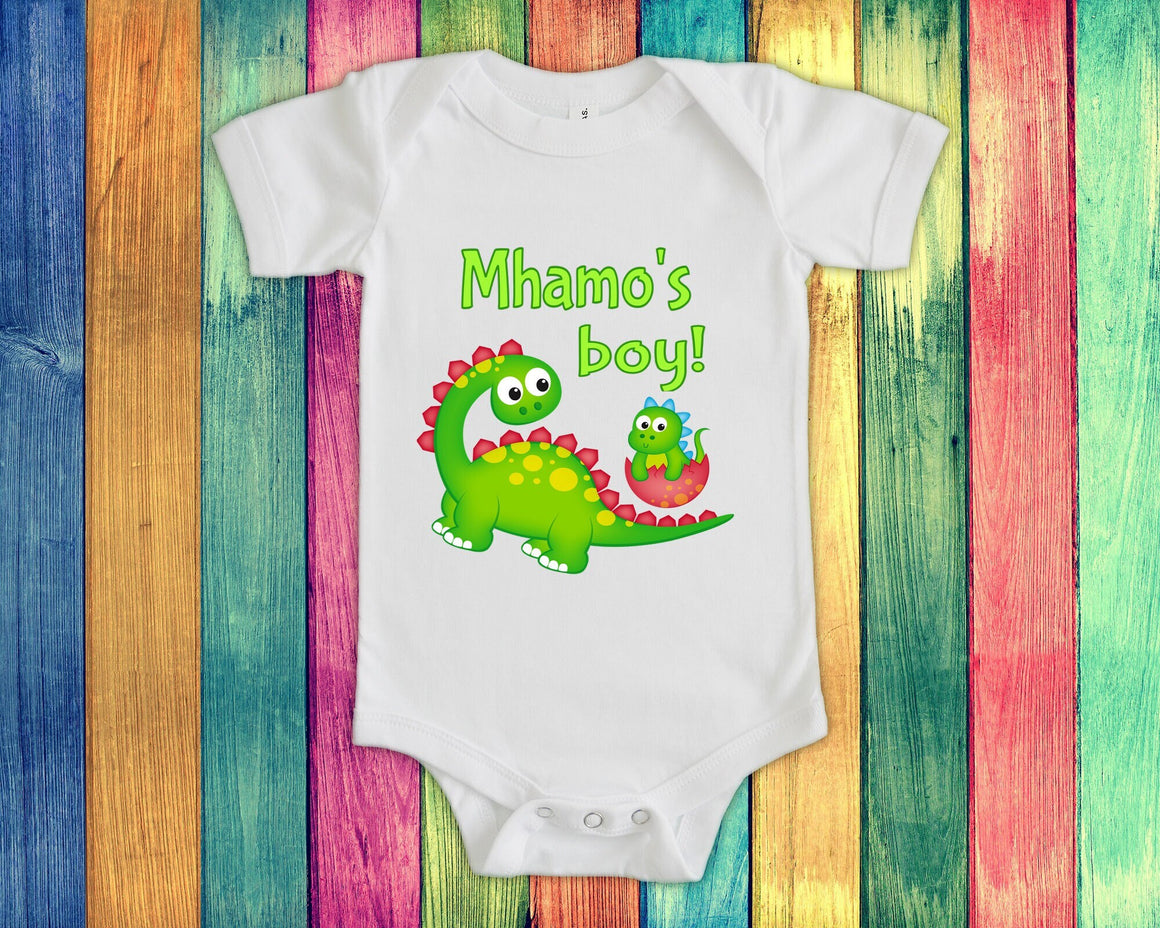 Mhamo's Boy Cute Grandma Name Dinosaur Baby Bodysuit, Tshirt or Toddler Shirt for a Ireland Irish Grandmother Gift or Pregnancy Announcement