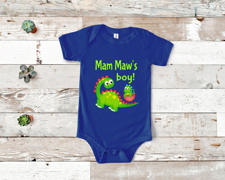 Mam Maw's Boy Cute Grandma Name Dinosaur Baby Bodysuit, Tshirt or Toddler Shirt for a Special Grandmother Gift or Pregnancy Announcement