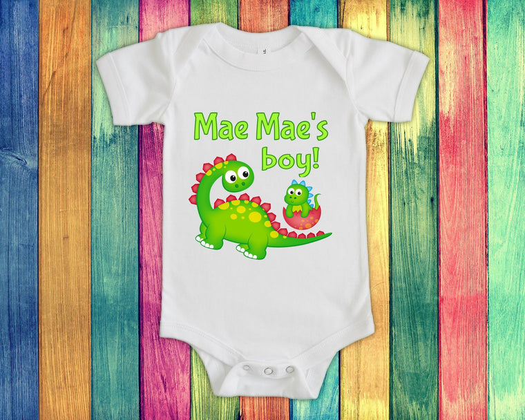 Mae Mae's Boy Cute Grandma Name Dinosaur Baby Bodysuit, Tshirt or Toddler Shirt for a Special Grandmother Gift or Pregnancy Announcement