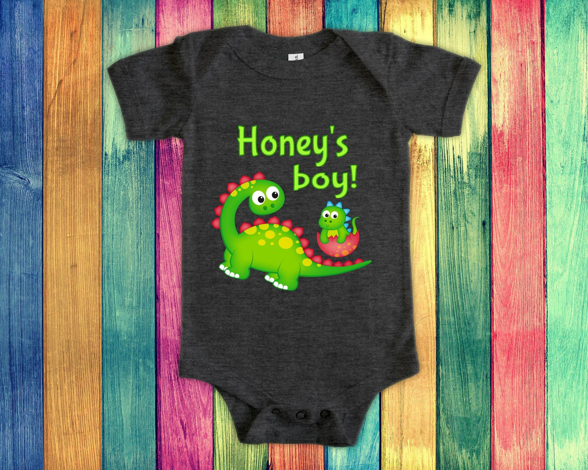 Honey's Boy Cute Grandma Name Dinosaur Baby Bodysuit, Tshirt or Toddler Shirt for a Special Grandmother Gift or Pregnancy Announcement