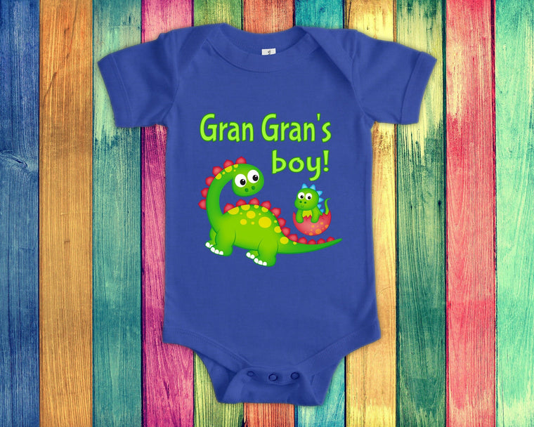 Gran Gran's Boy Cute Grandma Name Dinosaur Baby Bodysuit, Tshirt or Toddler Shirt for a Special Grandmother Gift or Pregnancy Announcement