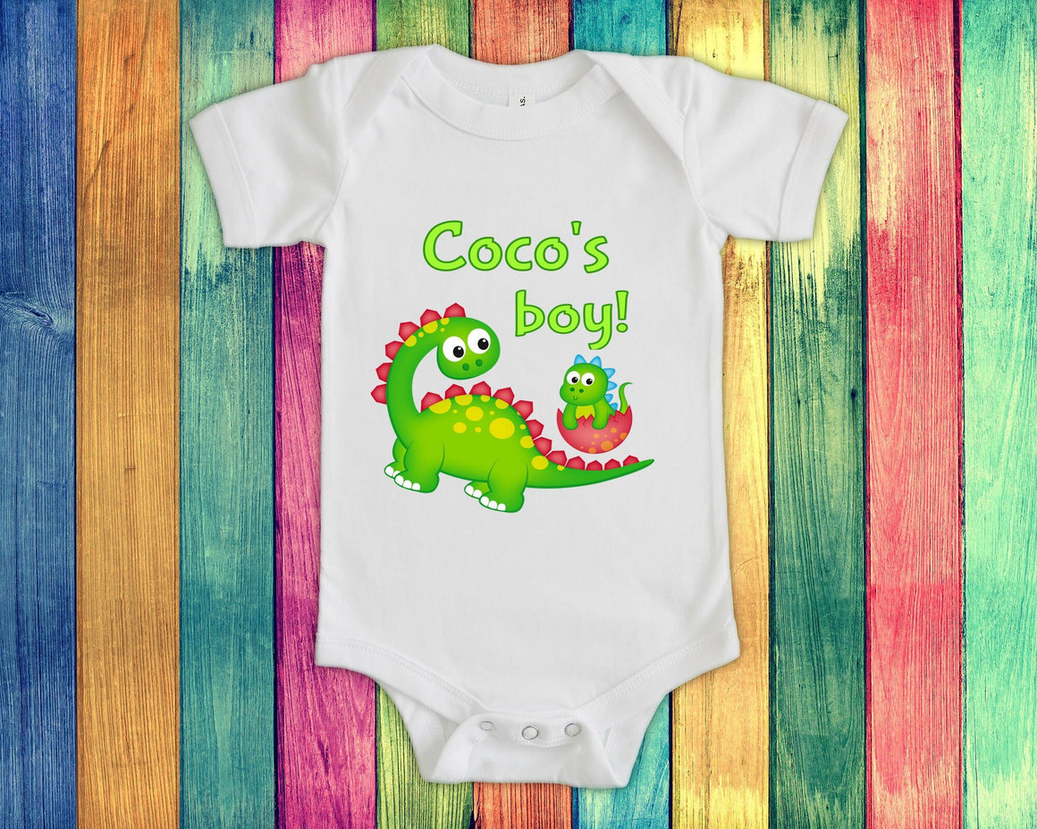 Coco's Boy Cute Grandma Name Dinosaur Baby Bodysuit, Tshirt or Toddler Shirt for a Special Grandmother Gift or Pregnancy Reveal Announcement