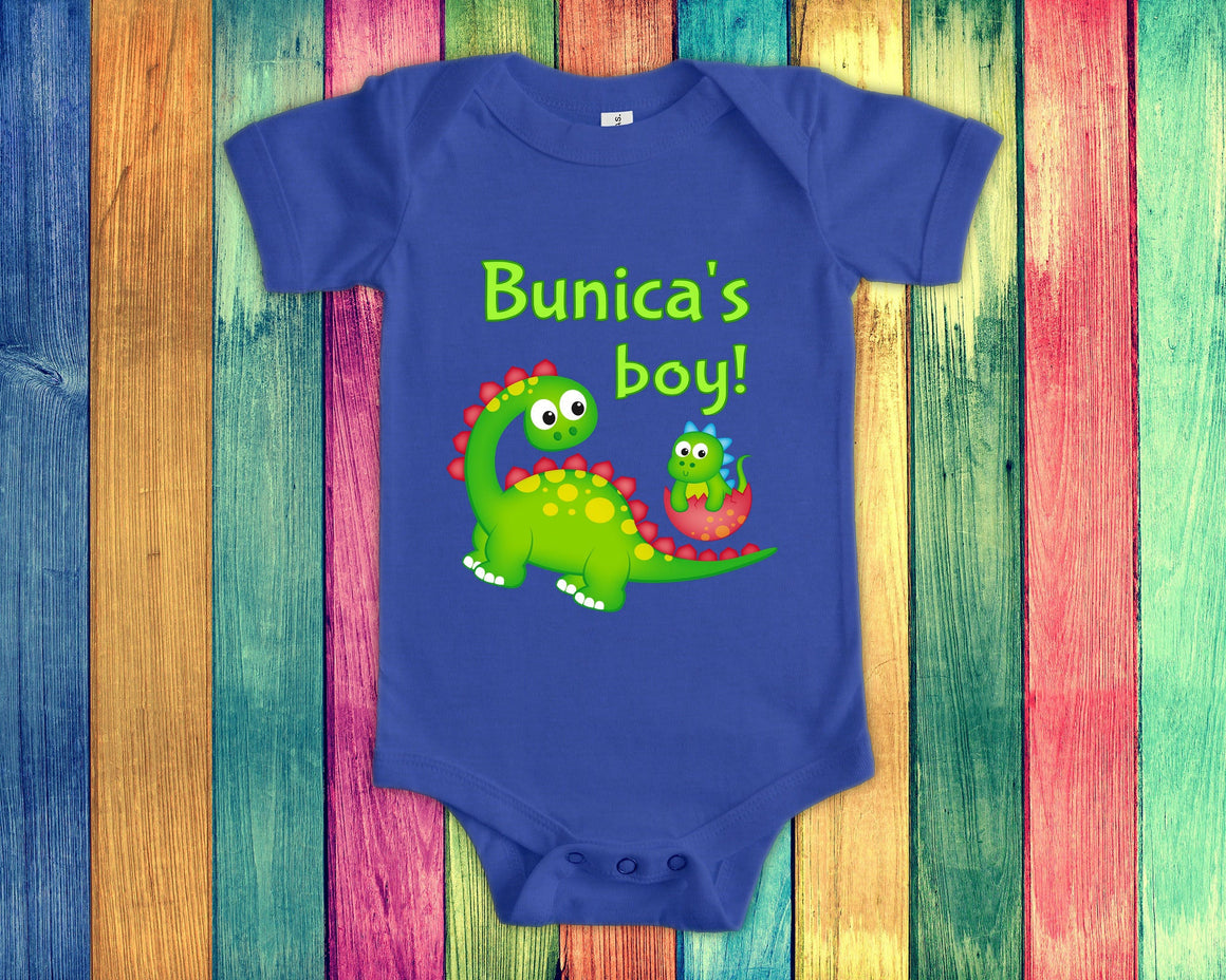 Bunica's Boy Cute Grandma Name Dinosaur Baby Bodysuit, Tshirt or Toddler Shirt for a Romanian Grandmother Gift or Pregnancy Announcement