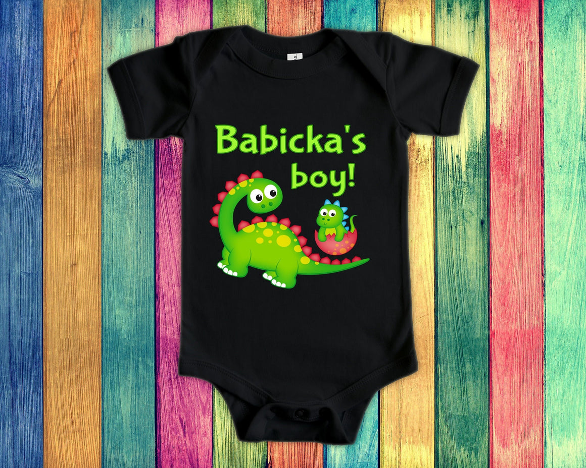 Babicka's Boy Cute Grandma Name Dinosaur Baby Bodysuit, Tshirt or Toddler Shirt for a Slovakian Grandmother Gift or Pregnancy Announcement
