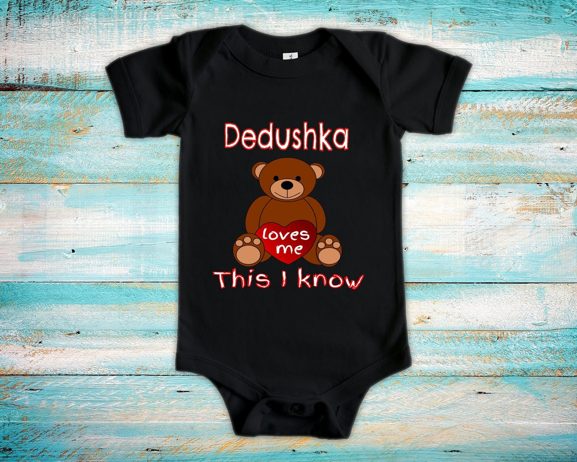 Dedushka Loves Me Cute Grandpa Name Bear Baby Bodysuit, Tshirt or Toddler Shirt Russian Grandfather Gift or Pregnancy Reveal Announcement