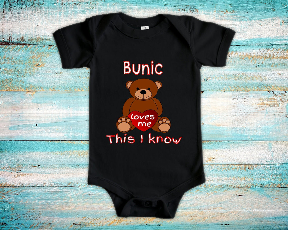 Bunic Loves Me Cute Grandpa Name Bear Baby Bodysuit, Tshirt or Toddler Shirt Romanian Grandfather Gift or Pregnancy Reveal Announcement