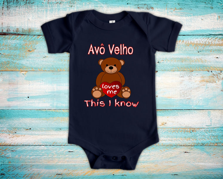 Avô Velho Loves Me Cute Grandpa Name Bear Baby Bodysuit, Tshirt or Toddler Shirt Portuguese Brazilian Grandfather Gift or Pregnancy Reveal