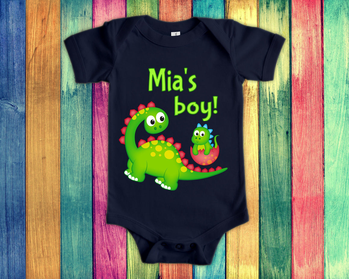 Mia's Boy Cute Grandma Name Dinosaur Baby Bodysuit, Tshirt or Toddler Shirt for a Special Grandmother Gift or Pregnancy Reveal Announcement