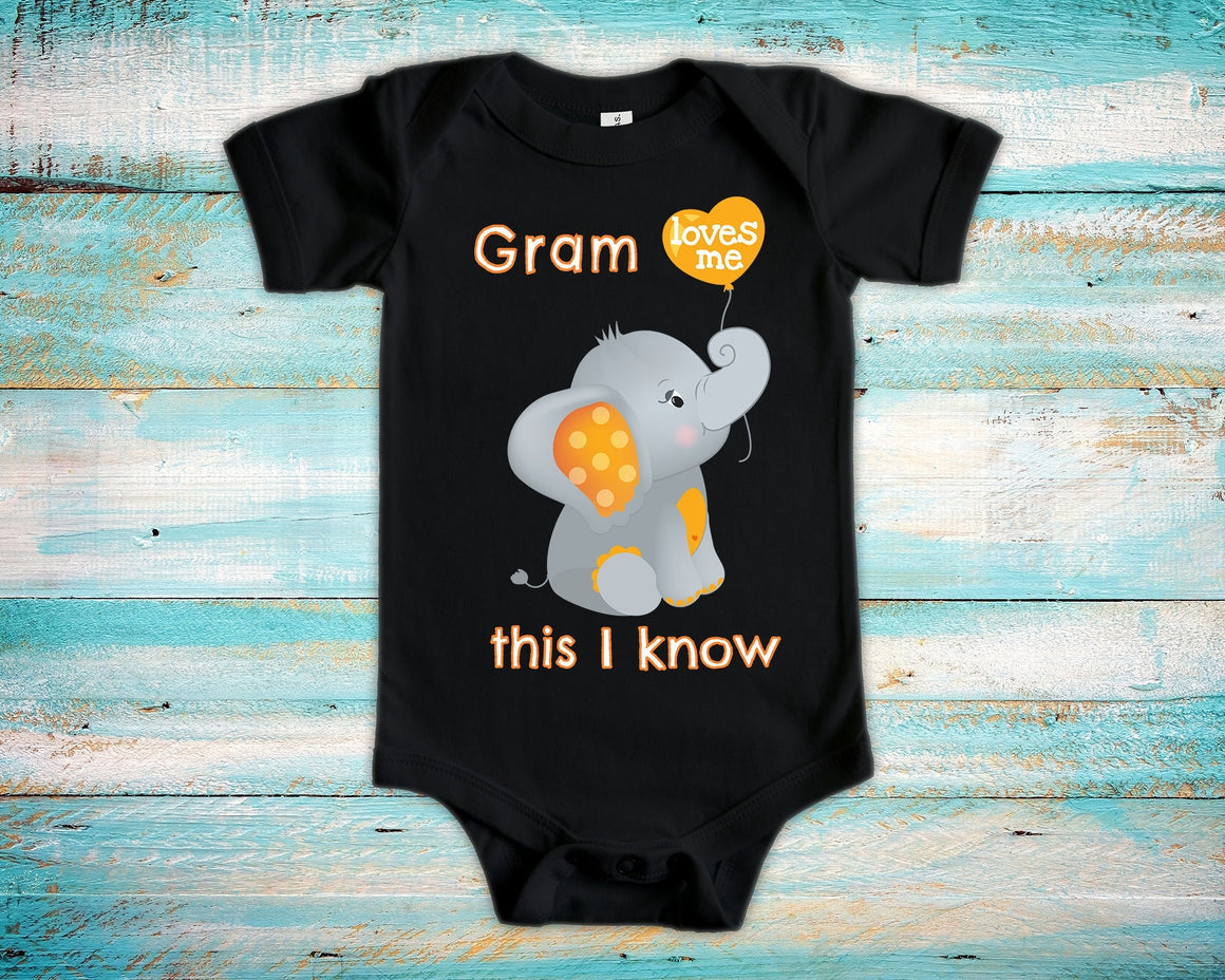 Gram Loves Me Cute Grandma Name Elephant Baby Bodysuit Unique Grandmother Gift for Granddaughter or Grandson or Pregnancy Announcement