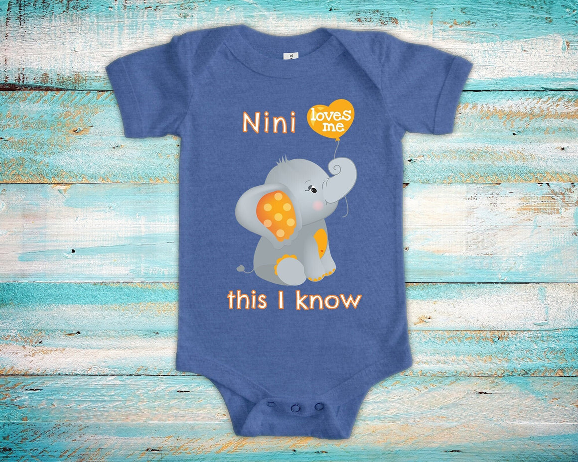 Nini Loves Me Cute Grandma Name Elephant Baby Bodysuit Unique Grandmother Gift for Granddaughter or Grandson or Pregnancy Announcement