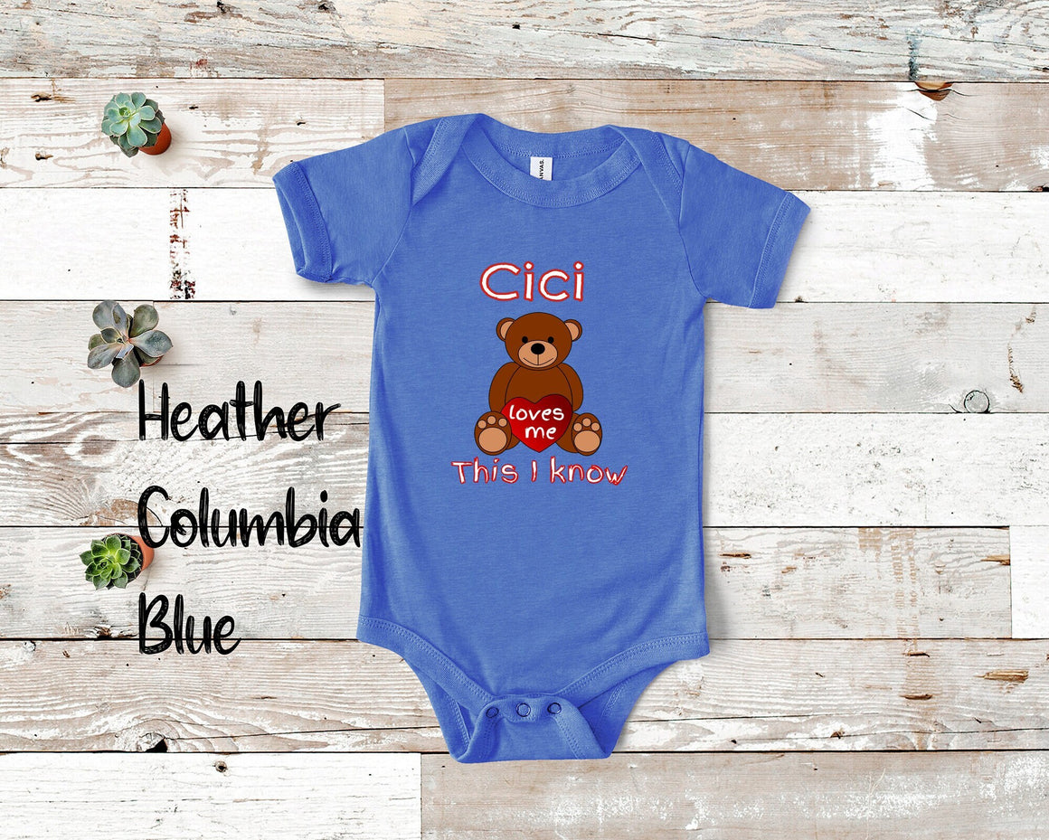 Cici Loves Me Cute Grandma Name Bear Baby Bodysuit, Tshirt or Toddler Shirt Special Grandmother Gift or Pregnancy Reveal Announcement