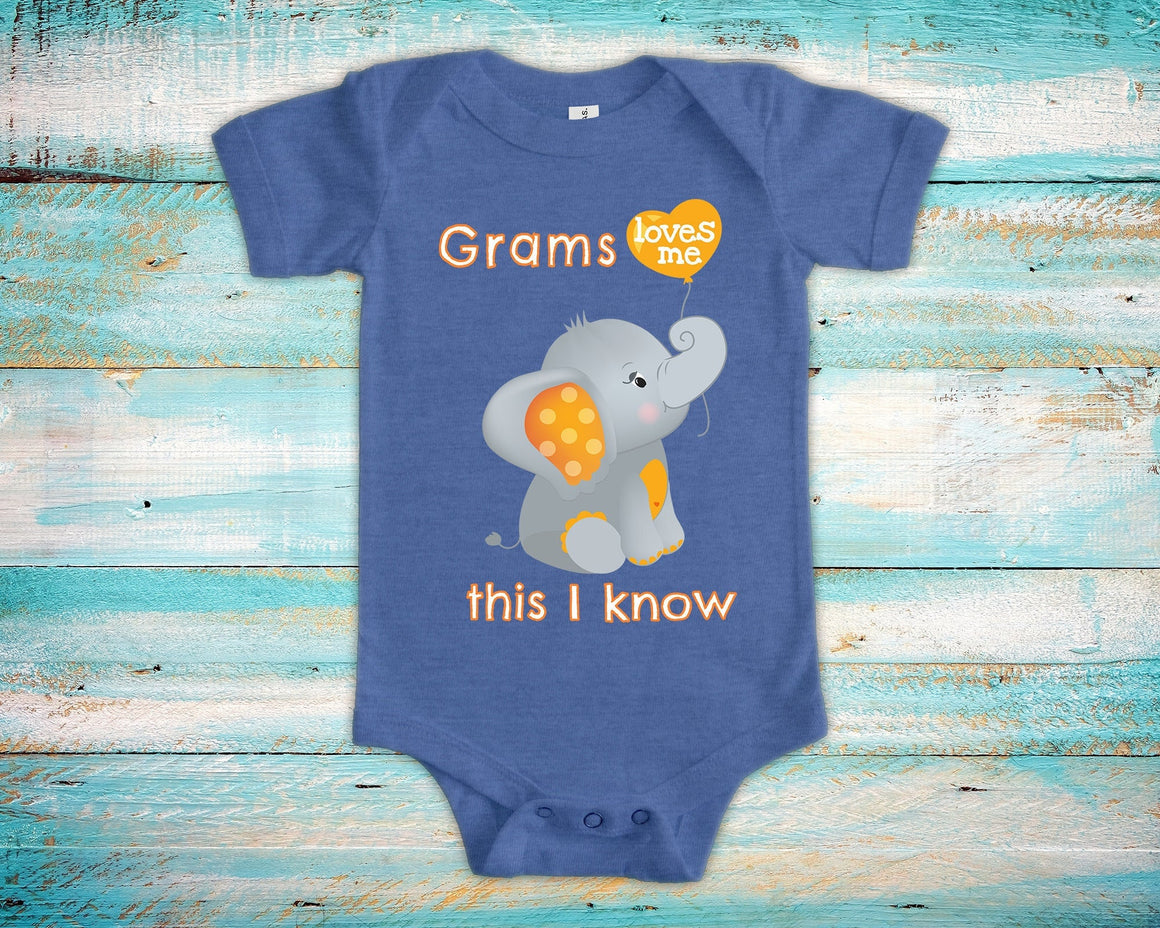Grams Loves Me Cute Grandma Name Elephant Baby Bodysuit Unique Grandmother Gift for Granddaughter or Grandson or Pregnancy Announcement