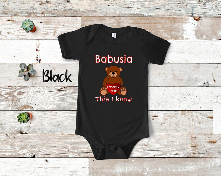 Babusia Loves Me Cute Grandma Name Bear Baby Bodysuit, Tshirt or Toddler Shirt Polish Ukrainian Grandmother Gift or Pregnancy Announcement