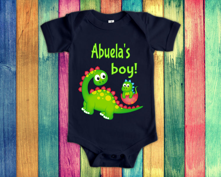 Abuela's Boy Cute Grandma Name Dinosaur Baby Bodysuit, Tshirt or Toddler Shirt for a Mexican Spanish Grandmother Gift or Pregnancy Reveal