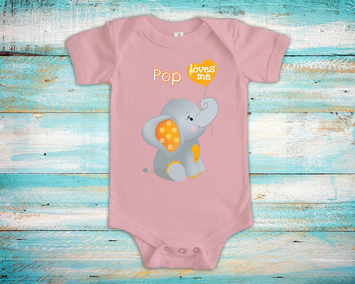 Pop Loves Me Cute Grandpa Name Elephant Baby Bodysuit Unique Grandfather Gift for Granddaughter or Grandson or Pregnancy Announcement