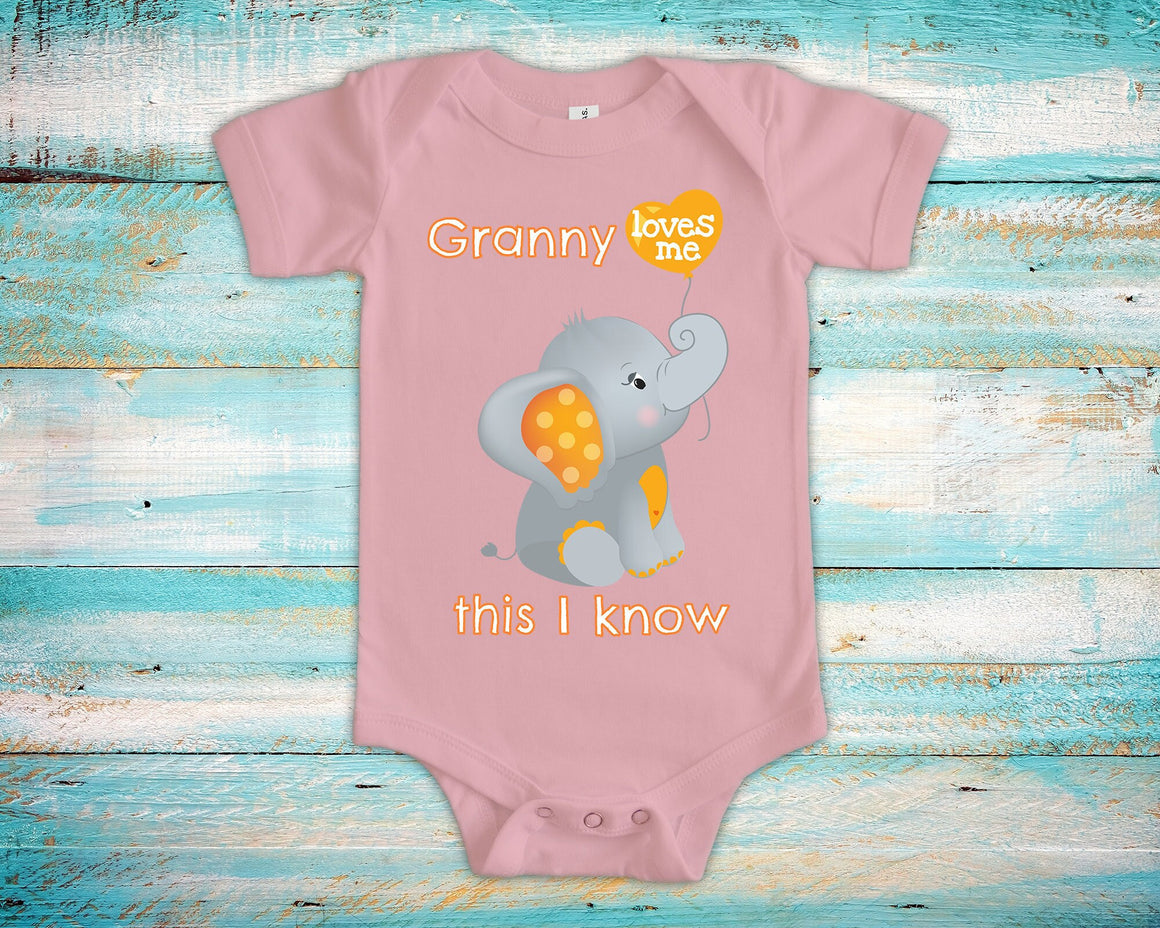 Granny Loves Me Cute Grandma Name Elephant Baby Bodysuit for Girls or Boys Unique Gift for Granddaughter or Grandson Pregnancy Announcement