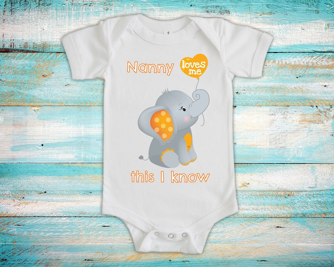 Nanny Loves Me Cute Grandma Name Elephant Baby Bodysuit Unique Grandmother Gift for Granddaughter or Grandson or Pregnancy Announcement