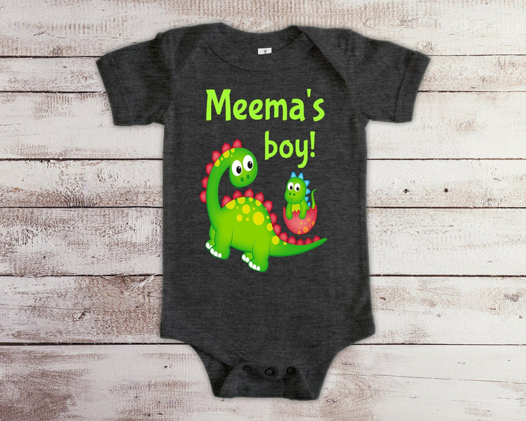 Meema's Boy Cute Grandma Name Dinosaur Baby Bodysuit, Tshirt or Toddler Shirt for a Yiddish Grandmother Gift or Pregnancy Announcement