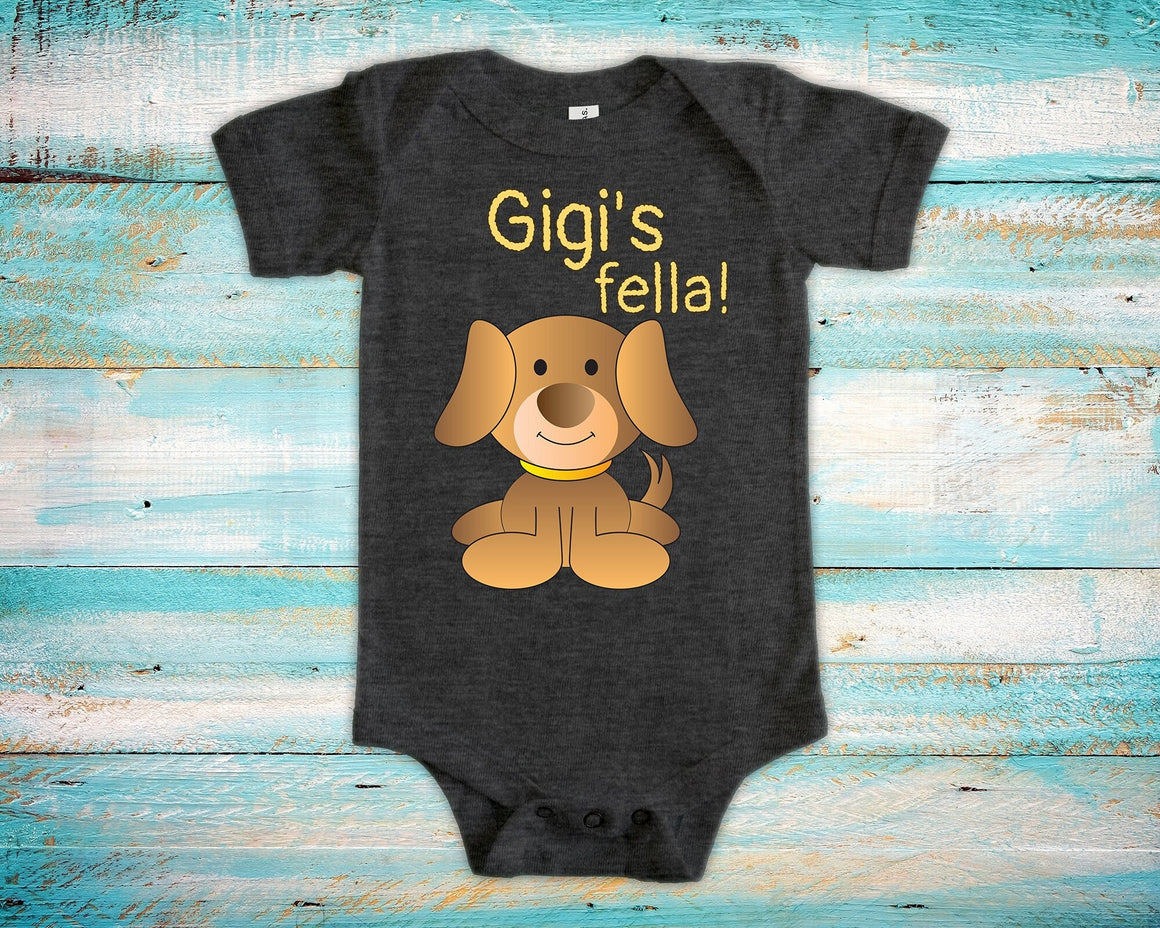 Gigi's Fella Cute Grandma Name Puppy Baby Bodysuit, Tshirt or Toddler Shirt Special Grandmother Gift or Pregnancy Reveal Announcement