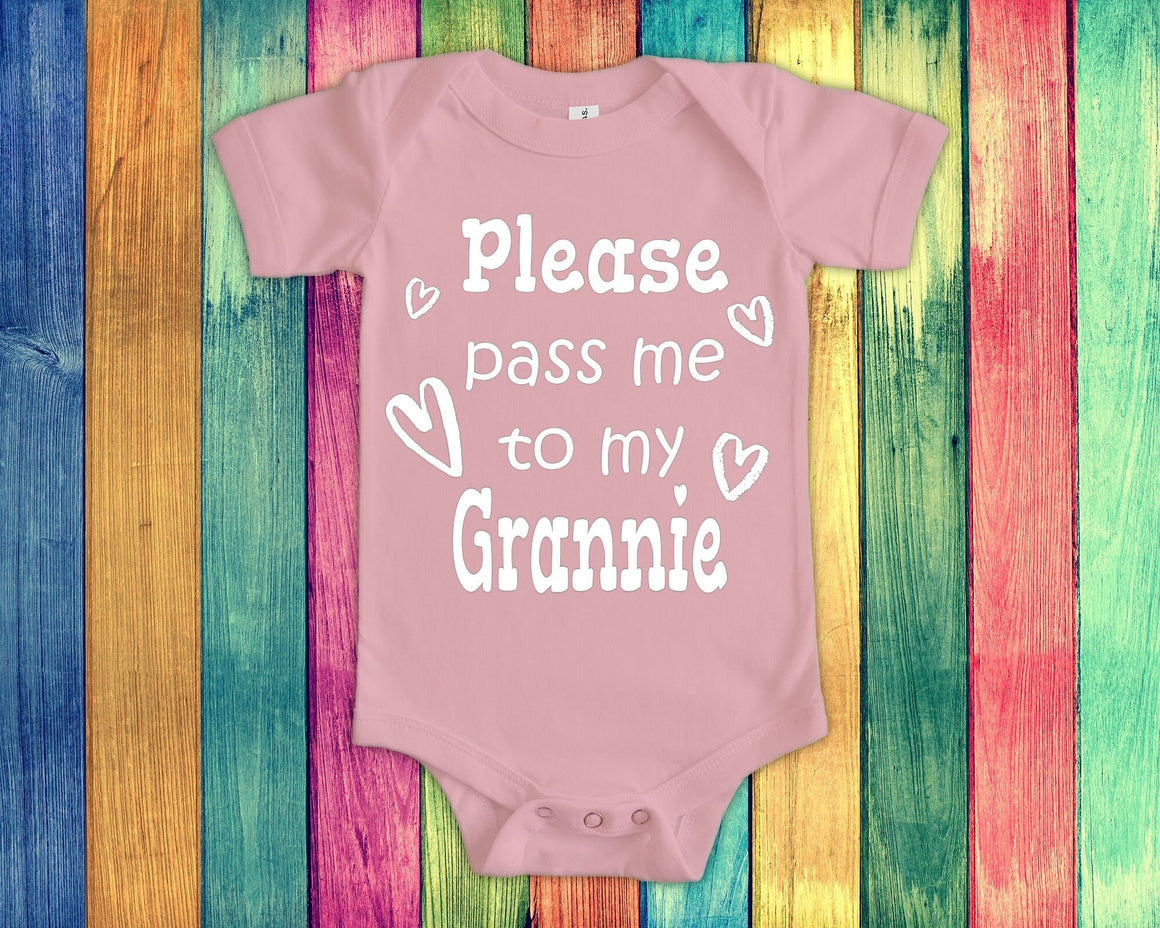 Pass Me To Grannie Cute Grandma Baby Bodysuit, Tshirt or Toddler Shirt Special Grandmother Gift or Pregnancy Announcement