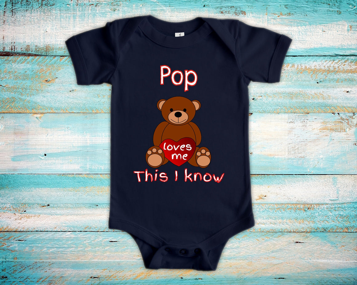 Pop Loves Me Cute Grandpa Name Bear Baby Bodysuit, Tshirt or Toddler Shirt Special Grandfather Gift or Pregnancy Reveal Announcement