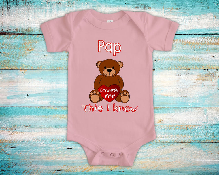 Pap Loves Me Cute Grandpa Name Bear Baby Bodysuit, Tshirt or Toddler Shirt Special Grandfather Gift or Pregnancy Reveal Announcement