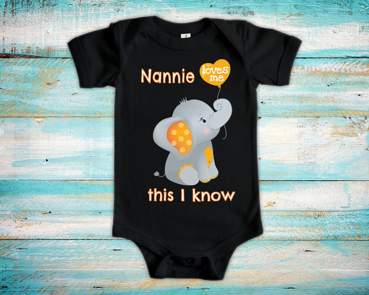 Nannie Loves Me Cute Grandma Name Elephant Baby Bodysuit Unique Grandmother Gift for Granddaughter or Grandson or Pregnancy Announcement
