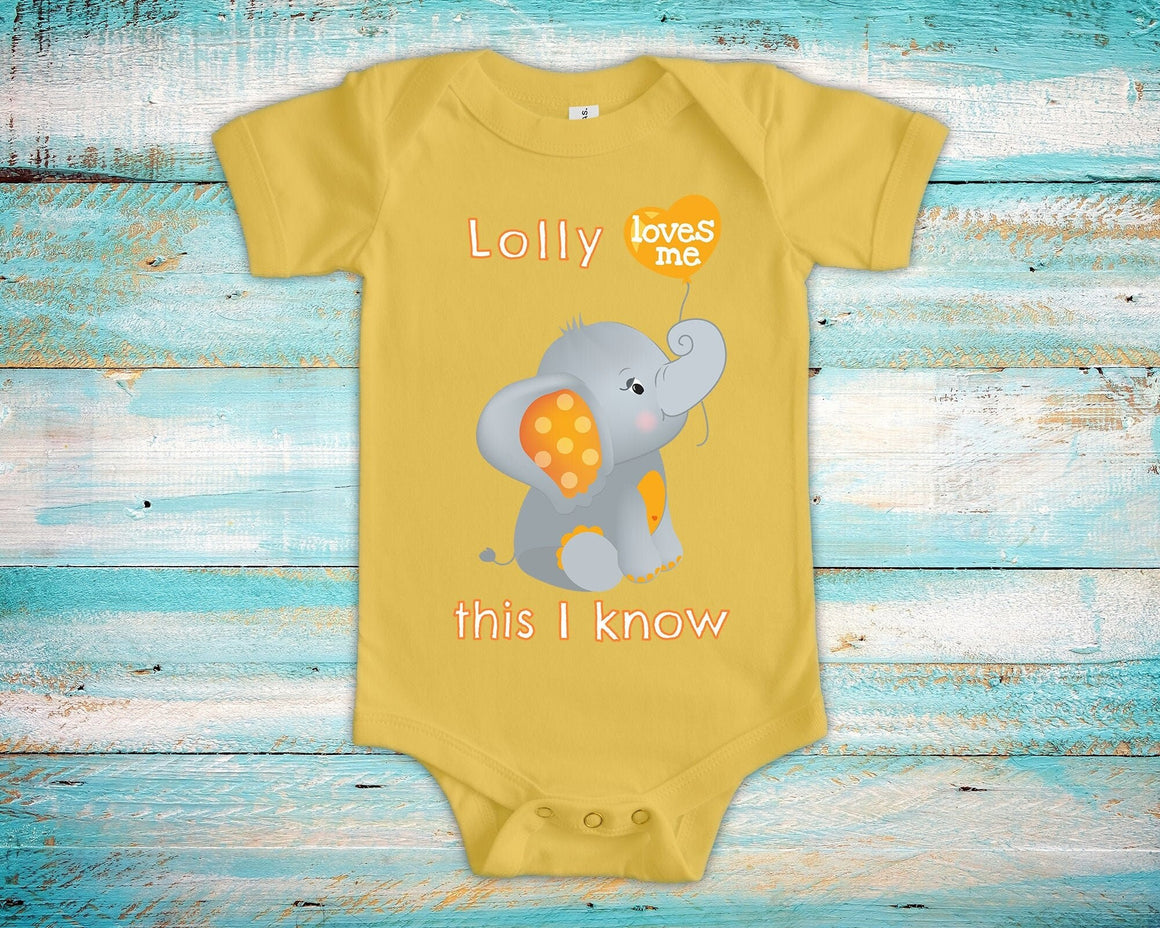 Lolly Loves Me Cute Grandma Name Elephant Baby Bodysuit Unique Grandmother Gift for Granddaughter or Grandson or Pregnancy Announcement