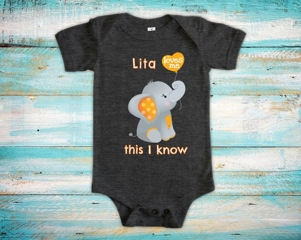 Lita Loves Me Cute Grandma Name Elephant Baby Bodysuit Unique Grandmother Gift for Granddaughter or Grandson or Pregnancy Announcement