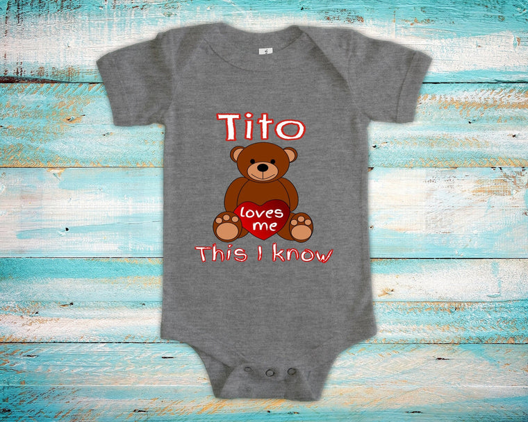 Tito Loves Me Cute Grandpa Name Bear Baby Bodysuit, Tshirt or Toddler Shirt Spanish Grandfather Gift or Pregnancy Reveal Announcement