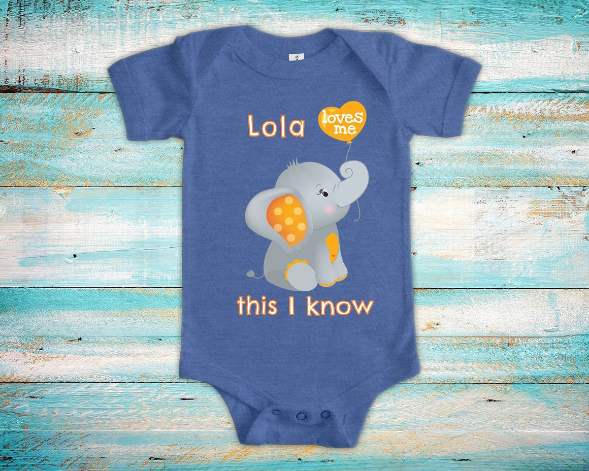 Lola Loves Me Cute Grandma Name Elephant Baby Bodysuit Unique Grandmother Gift for Granddaughter or Grandson or Pregnancy Announcement