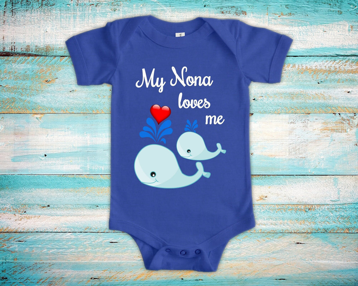 Nona Loves Me Cute Grandma Name Whale Baby Bodysuit Unique Grandmother Gift for Granddaughter or Grandson or Pregnancy Announcement