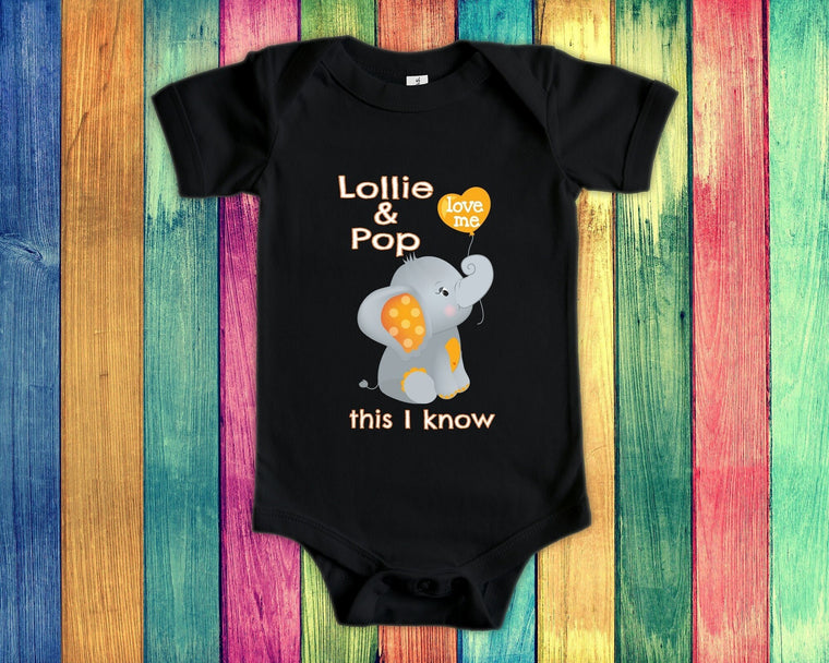 Lollie & Pop Love Me Cute Grandma Name Grandpa Name Elephant Baby Bodysuit, Tshirt, or Toddler Shirt - Can Be Custom Personalized
