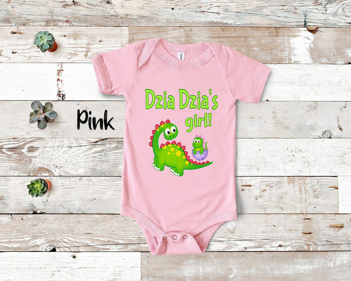 Dzia Dzia's Girl Cute Grandpa Name Dinosaur Baby Bodysuit, Tshirt or Toddler Shirt for a Polish Grandfather Gift or Pregnancy Announcement