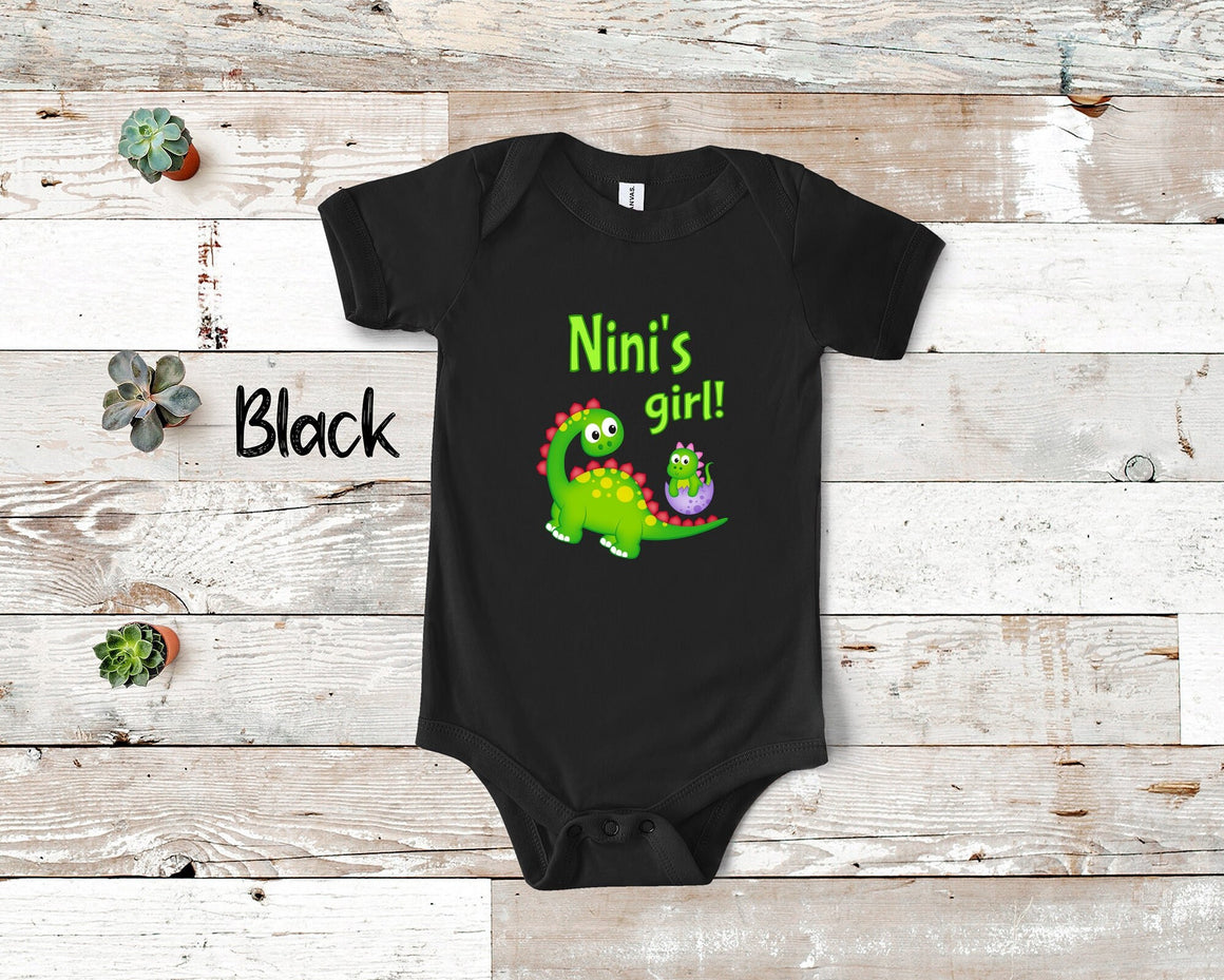 Nini's Girl Cute Grandma Name Dinosaur Baby Bodysuit Tshirt or Toddler Shirt for a Special Grandmother Gift or Pregnancy Reveal Announcement
