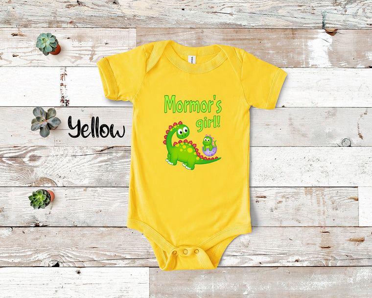 Mormor's Girl Cute Grandma Name Dinosaur Baby Bodysuit, Tshirt or Toddler Shirt for a Danish or Swedish Grandmother Gift or Pregnancy Reveal
