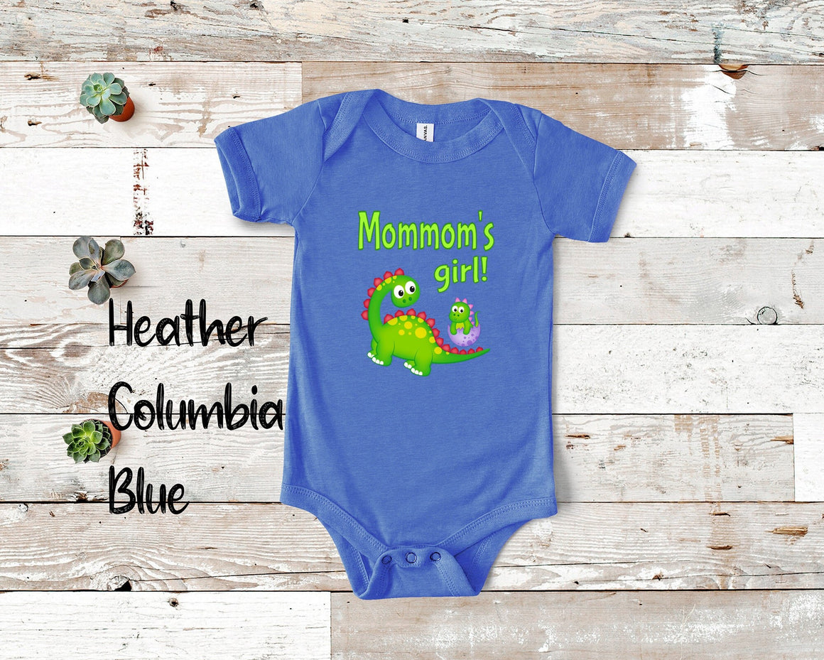 Mommom's Girl Cute Grandma Name Dinosaur Baby Bodysuit, Tshirt or Toddler Shirt for a Special Grandmother Gift or Pregnancy Announcement