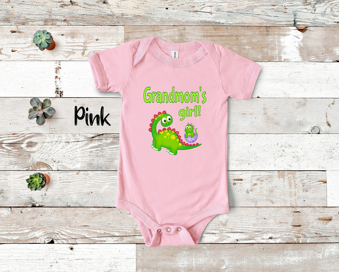 Grandmom's Girl Cute Grandma Name Dinosaur Baby Bodysuit, Tshirt or Toddler Shirt for a Special Grandmother Gift or Pregnancy Announcement