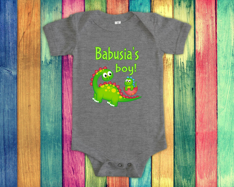 Babusia's Boy Cute Grandma Name Dinosaur Baby Bodysuit, Tshirt or Toddler Shirt for Polish, Ukrainian Grandmother Gift or Pregnancy Reveal