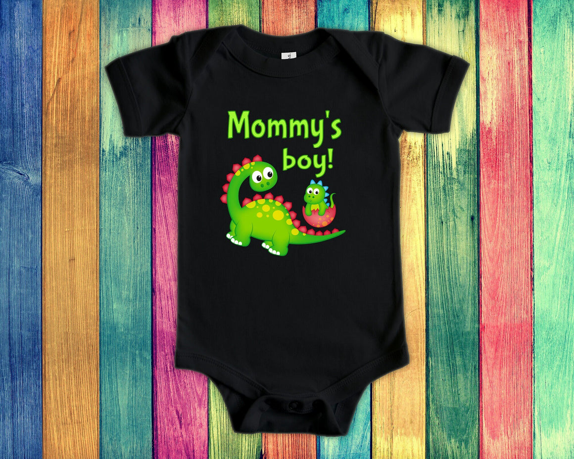 Mommy's Boy Cute Mom Name Dinosaur Baby Bodysuit, Tshirt or Toddler Shirt for a Special Mother Gift or Pregnancy Reveal Announcement