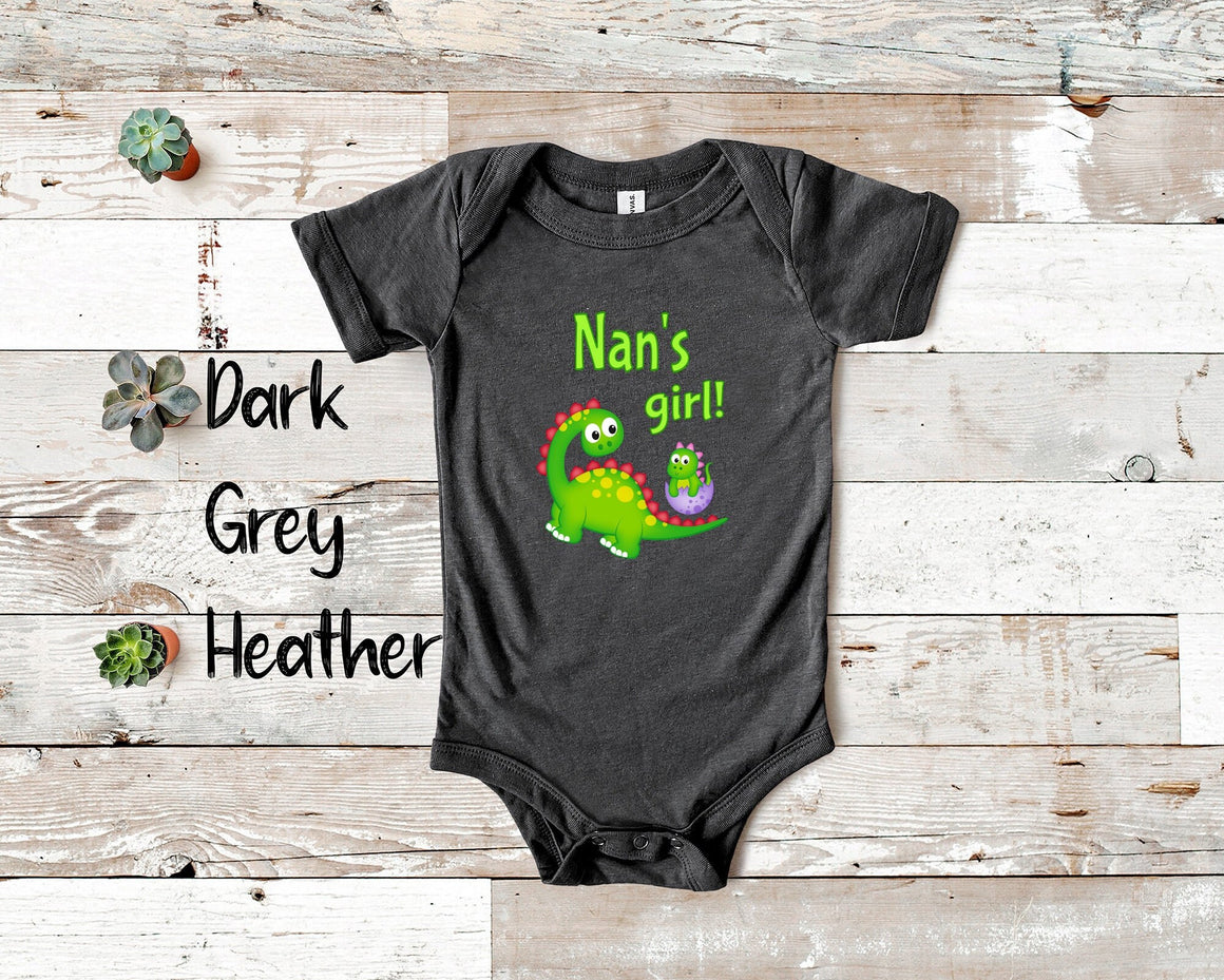 Nan's Girl Cute Grandma Name Dinosaur Baby Bodysuit, Tshirt or Toddler Shirt for a Special Grandmother Gift or Pregnancy Reveal Announcement