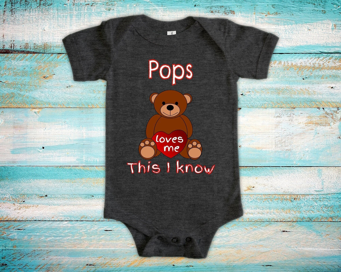 Pops Loves Me Cute Grandpa Name Bear Baby Bodysuit, Tshirt or Toddler Shirt Special Grandfather Gift or Pregnancy Reveal Announcement