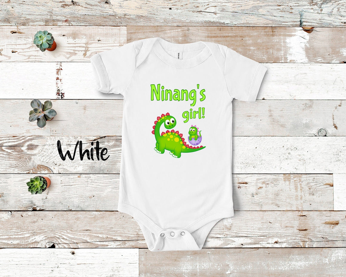 Ninang's Girl Cute Grandma Name Dinosaur Baby Bodysuit, Tshirt or Toddler Shirt for a Filipino Spanish Grandmother Gift or Pregnancy Reveal