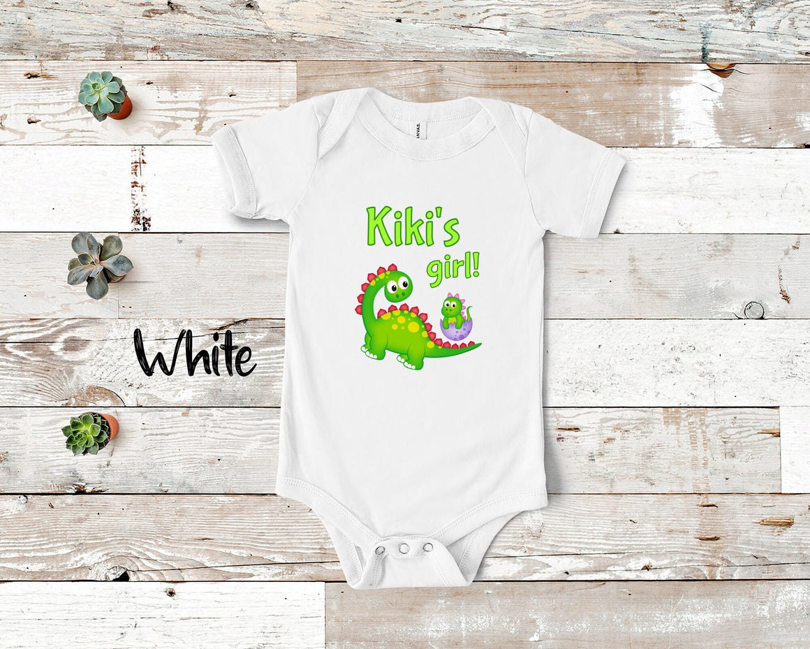 Kiki's Girl Cute Grandma Name Dinosaur Baby Bodysuit, Tshirt or Toddler Shirt for a Special Grandmother Gift or Pregnancy Announcement