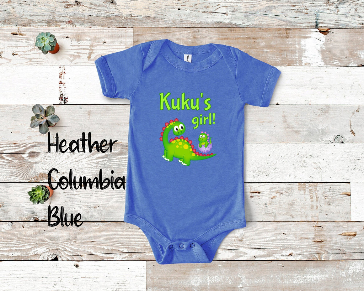 Kuku's Girl Cute Grandma Name Dinosaur Baby Bodysuit, Tshirt or Toddler Shirt for a Hawaiian Grandmother Gift or Pregnancy Announcement