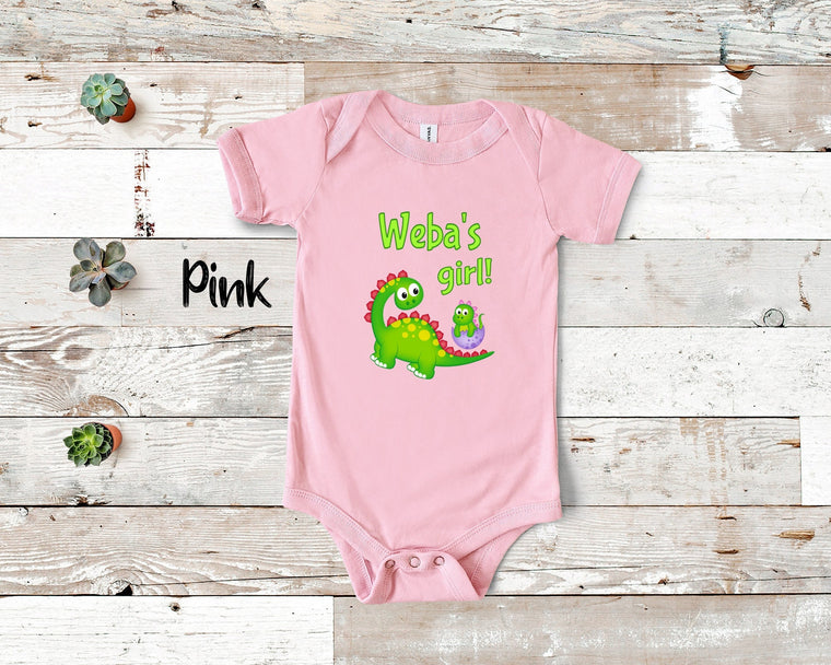 Weba's Girl Cute Grandma Name Dinosaur Baby Bodysuit Tshirt or Toddler Shirt for a Special Grandmother Gift or Pregnancy Reveal Announcement