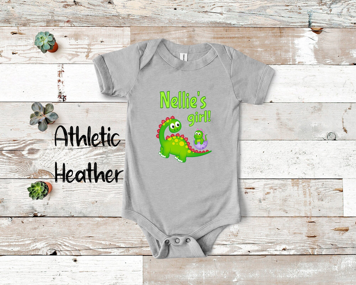 Nellie's Girl Cute Grandma Name Dinosaur Baby Bodysuit, Tshirt or Toddler Shirt for a Special Grandmother Gift or Pregnancy Announcement