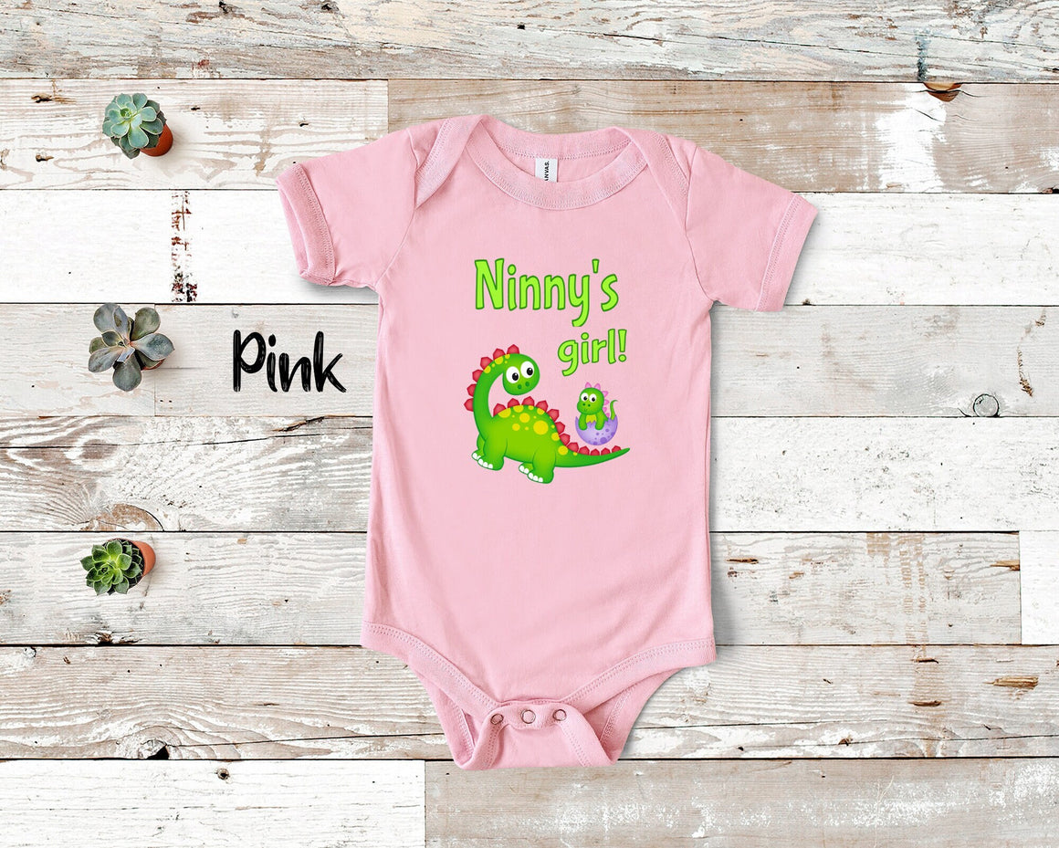 Ninny's Girl Cute Grandma Name Dinosaur Baby Bodysuit, Tshirt or Toddler Shirt for a Special Grandmother Gift or Pregnancy Announcement