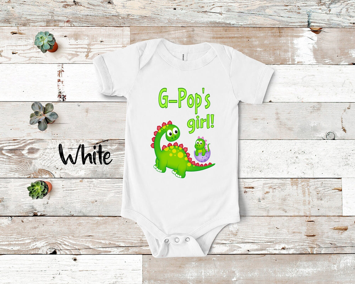 G-Pop's Girl Cute Grandpa Name Dinosaur Baby Bodysuit, Tshirt or Toddler Shirt for a Special Grandfather Gift or Pregnancy Announcement